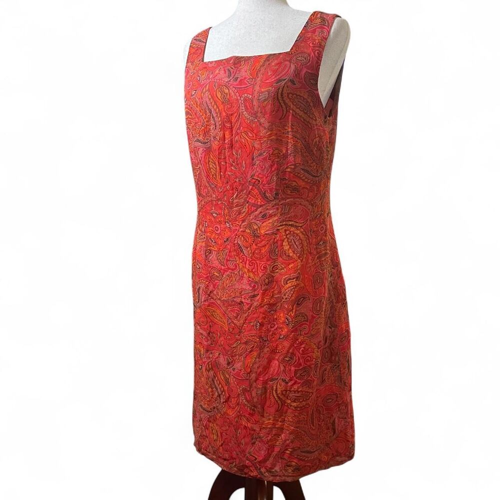 Robbie Bee 90s Red Paisley Silk Shift Fem-Cut Midi Dress